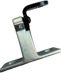 Automotive rear upper left door hinge bracket, zinc-plated steel with black hinge pin and mounting base