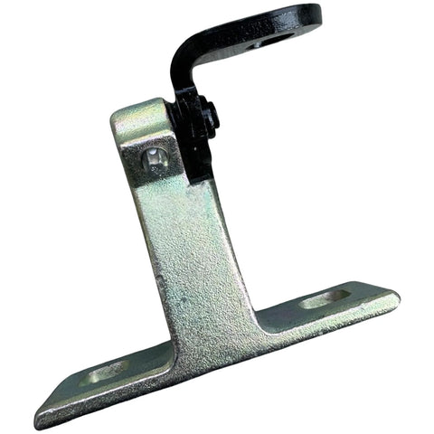 Automotive rear upper left door hinge bracket, zinc-plated steel with black hinge pin and mounting base