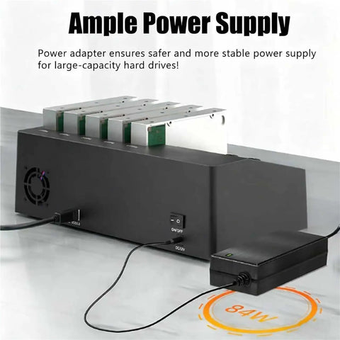 Ample power supply for Five Bay External Hard Drive Enclosure Engineered To Flex Up To 120TB Capacity with power adapter.