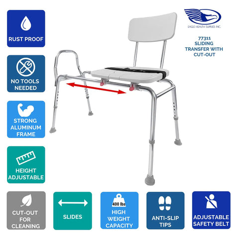 Sliding Transfer Bench With Replaceable Cutout Seat, heavy duty shower chair showing aluminum frame and adjustable features.