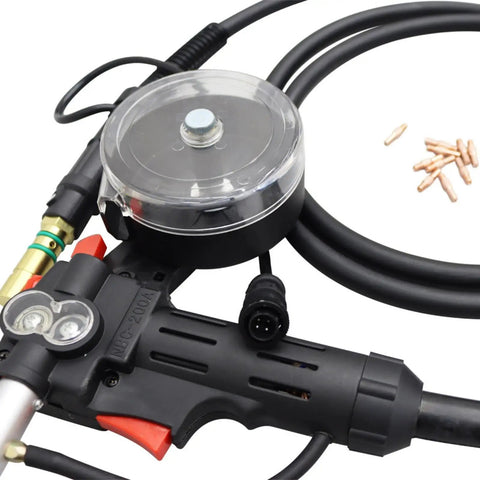 Close-up of DC24V Aluminum Core Welding Gun For Miller 300371 Millermatic 140 180 211 with cable and nozzles.