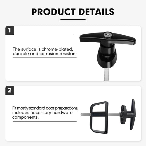 Product details of Shed Door Latch T Handle Lock Kit With Five Keys Set featuring corrosion-resistant chrome-plated design.