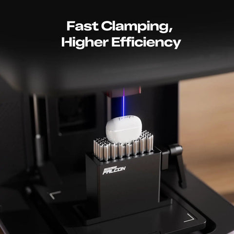 Falcon Flexible Fixture for Laser Engraving with fast clamping, engraving an irregular object, compatible with Falcon T1 and vertical machines.