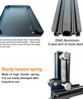 3D printer parts showcasing black aluminum base, tension spring, and Z-axis arm with text describing sturdiness