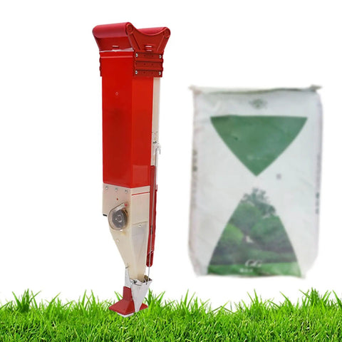 Easy To Use Adjustable Fertilizer Spreader Tool For Gardens And Lawns next to fertilizer bag on grass