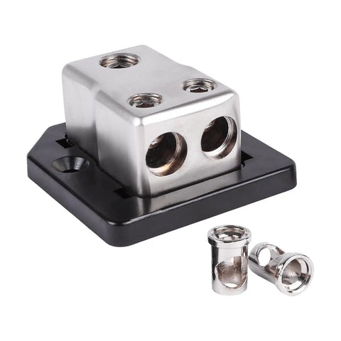 Power Distribution Block For Car Audio With 1/0 Or 4 AWG In Dual 4/8 AWG Out Solid Zinc Alloy For Maximum Conductivity Premium Block Cover Reducers Included Heavy Duty Mounting Block For Clean Wiring And Safe Install, with reducers