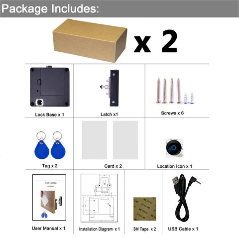 RFID Cabinet Lock Set Two Pack Hidden DIY USB Cable Locks components, including lock bases, latches, screws, tags, cards, USB cable.