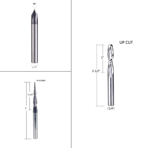 Pro Grade CNC Router Bit Carving Set for Wood Engraving with Solid Carbide One Quarter Inch Shank includes spiral and cone end mills.