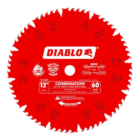 12 Inch 60 Tooth Combination Saw Blade With 1 Inch Arbor, ATB Grind For Straight Rips, Hi Density Carbide For Four Times Longer Life, Parma Shield Coating Reduces Drag And Gumming, Cuts Like Butter Through Wood