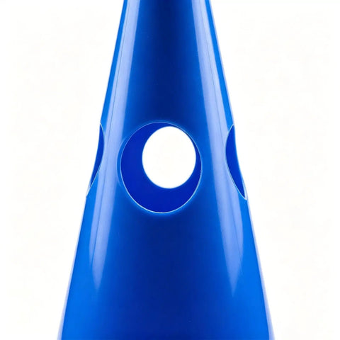 Close-up of blue hurdle cone for Low Height Dog Agility Course For Puppies With Hurdle Cones And Buckets Yellow Poles Outdoor Training Equipment