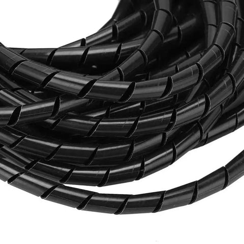 Close-up of Spiral Cable Wrap 8mm Black Flexible Wire Organizer Sleeve for tangle-free cable management.