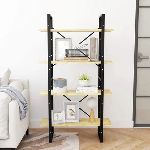 Four-Tier Book Cabinet With Solid Pine Wood Bookshelf And Metal Frame, Industrial Display Shelf For Living Room And Office, Split Design