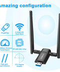 Fast 1300Mbps USB WiFi Adapter For PC And Laptop With Dual 5dBi Antennas shown with specifications and features
