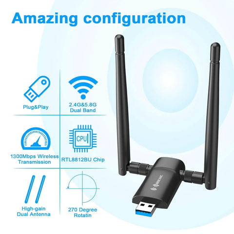 Fast 1300Mbps USB WiFi Adapter For PC And Laptop With Dual 5dBi Antennas shown with specifications and features