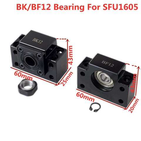 SFU1605 Ball Screw Kit BK12 BF12 bearings with dimensions marked, showcasing high rigidity for CNC machine upgrades.