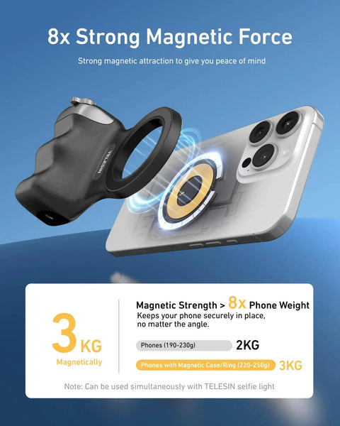 Fun Shot Magnetic Phone Grip Turns Your Smartphone Into a DSLR Style Shooter With Detachable Wireless Shutter Button shown with magnet strength illustration