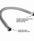 Beefy 24 Inch Stainless Steel Corrugated Water Heater Connector Flexible Hose For 3/4 Inch FIP To 3/4 Inch FIP, 250 PSI