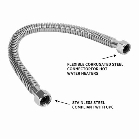 Beefy 24 Inch Stainless Steel Corrugated Water Heater Connector Flexible Hose For 3/4 Inch FIP To 3/4 Inch FIP, 250 PSI