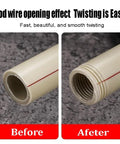 Before and after view of PVC pipe threaded with Two In One PVC Pipe Threader Kit For Internal And External Threads.