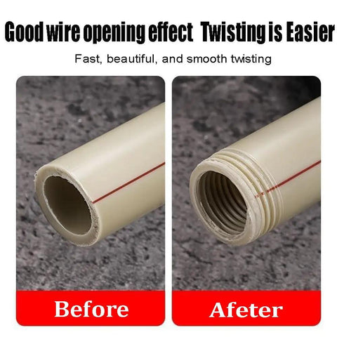 Before and after view of PVC pipe threaded with Two In One PVC Pipe Threader Kit For Internal And External Threads.