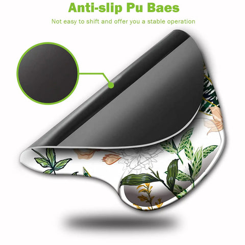 Ergonomic Mouse Pad With Wrist Support Non Slip PU Base Cute Floral Pattern showing anti-slip PU underside and floral design