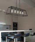 Modern Black Farmhouse Kitchen Island Light Chandelier With Industrial Open Frame 5 Light Ceiling Fixture over kitchen island.