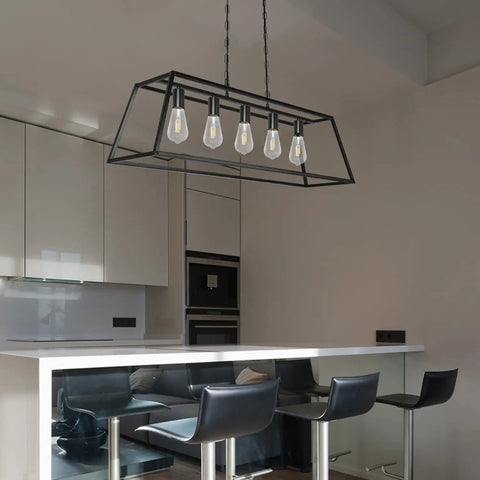 Modern Black Farmhouse Kitchen Island Light Chandelier With Industrial Open Frame 5 Light Ceiling Fixture over kitchen island.