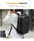 Person wearing Hard Shell Camera Backpack For DSLR And Mirrorless Gear, Waterproof 22L Travel Case in urban setting.
