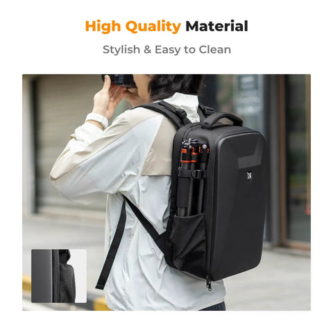 Person wearing Hard Shell Camera Backpack For DSLR And Mirrorless Gear, Waterproof 22L Travel Case in urban setting.