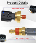 Product details showing 2 Pack Engine Oil Pressure Sensor Sender Switch And Coolant Temperature Sensor For Chrysler Aspen Pacifica Jeep Grand Cherokee Dodge Avenger Ram 1500 2500 3500 Compatible With 5149062AA 5149077AB with pin counts.