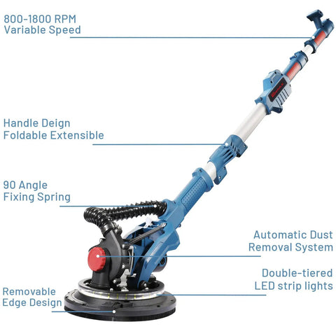 Side view of Heavy Duty Drywall Sander With Vacuum Dust Collection Pro Grade Power showing design features and handle.