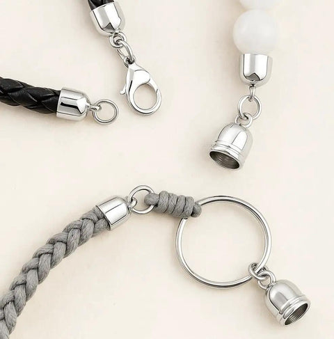 Silver Tone Leather Cord End Caps 4mm To 12mm For Jewelry Making And Kumihimo Easy Glue In Cylinder Ends With Loops shown attached to cords