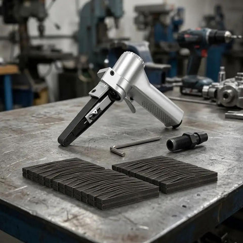 Top Shelf Pneumatic Air Belt Sander With A Ridiculously Fast 10 Mm Track And Hog Wild 16000 Rpm Motor on a workbench with metal pieces.