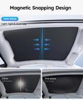 Two-piece black Wigoo sunshade for Tesla Model Y panoramic glass roof; magnetic snap design