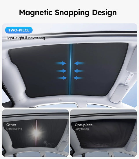 Two-piece black Wigoo sunshade for Tesla Model Y panoramic glass roof; magnetic snap design
