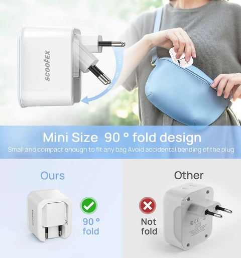 All In One Universal EU Travel Plug Adapter With Foldable Travel Ready Design displayed with foldable plug feature comparison