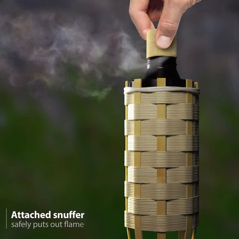 Bamboo Tiki Torches Outdoor Mosquito Repellent 12 Pack, 60 Inch Tall Garden And Backyard Lights with snuffer extinguishing flame