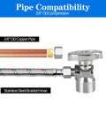 Dead Nuts Tight 2 Pack 1/2 Inch FIP Angle Stop Valves with 3/8 OD Compression Port and Smooth Quarter Turn Shutoff displayed with compatible pipes.