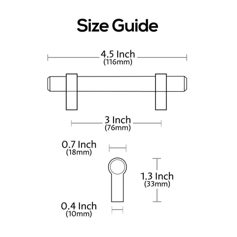 Size guide for Oil Rubbed Bronze Cabinet Handles 10 Pack For 3 Inch Center To Center Holes Straight Bar Pulls AL3081ORB