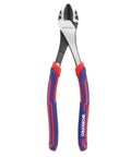 Front view: WORKPRO 8-inch high-leverage diagonal pliers with blue-red handles for cutting wires, CR-V steel.