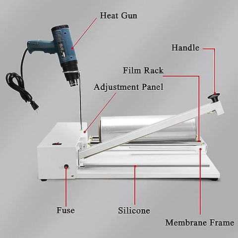 Upgrade your packaging game with this pro shrink wrapping machine featuring a heat gun, film rack, and silicone material.