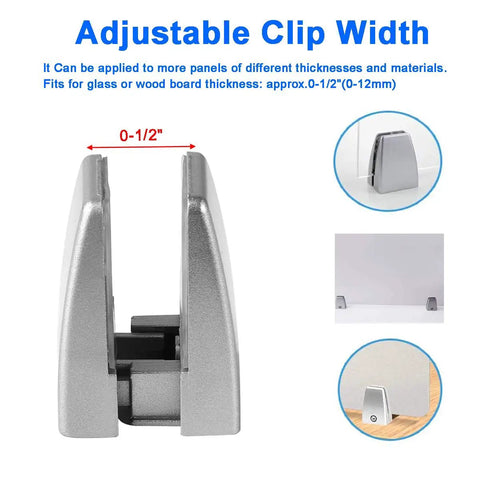 Rock Solid Aluminum Desk Partition Clamps 20 Pack Featuring Sleek Silver Finish adjustable clip width for glass or wood panels.