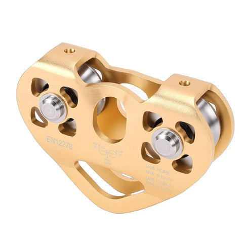 Front view of Dual Tandem Zipline Pulley Trolley System For Cable Rope 30KN Breaking Strength Beefy Heavy Duty Aluminum Housing With Sealed Bearings