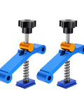 Heavy Duty T Track Clamps With Spring Nut Offer Adjustable Pressure Plate Slider For Woodworking And Metal Milling Tables Featuring 100mm Clamping Range, shown in blue with black knobs and spring design.