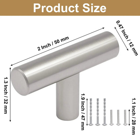 Set Of Six Modern T Bar Cabinet Knobs Hella Durable Stainless Steel Slick Silver Finish Scratch Resistant Kitchen Cupboard Handles That Bring Serious Swag To Any Room, showing size dimensions.