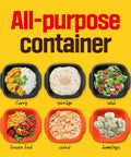 All-purpose container with curry, porridge, salad, frozen food, cereal, and dumplings shown, emphasizes versatile use of hybrid ramen cooker.