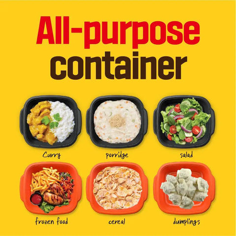 All-purpose container with curry, porridge, salad, frozen food, cereal, and dumplings shown, emphasizes versatile use of hybrid ramen cooker.