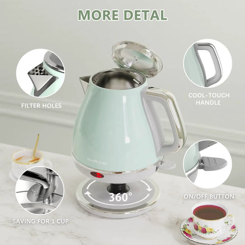 Electric Tea Kettle 1500W 1L Fast Boil Stainless Steel BPA Free Teapot With Auto Shut Off Boil Dry Protection Retro Small Design