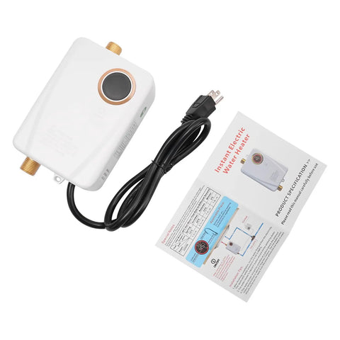 Instant Hot Water Heater Tankless Electric 3000W Wall Mounted With Clear Digital Display Stainless Steel Body and power cord.