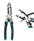10 In 1 Wire Stripper Tool For Electrical Cables Heavy Duty Multi Tool Pliers With Wire Crimper Side Cutter Shearing Deburring Crimping And Screw Gripping Built Tough In CRV Steel For Pros And DIY Electricians, shown cutting wire